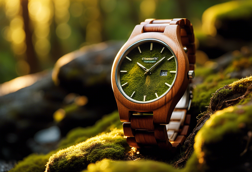 Montre en bois sur feuille verte