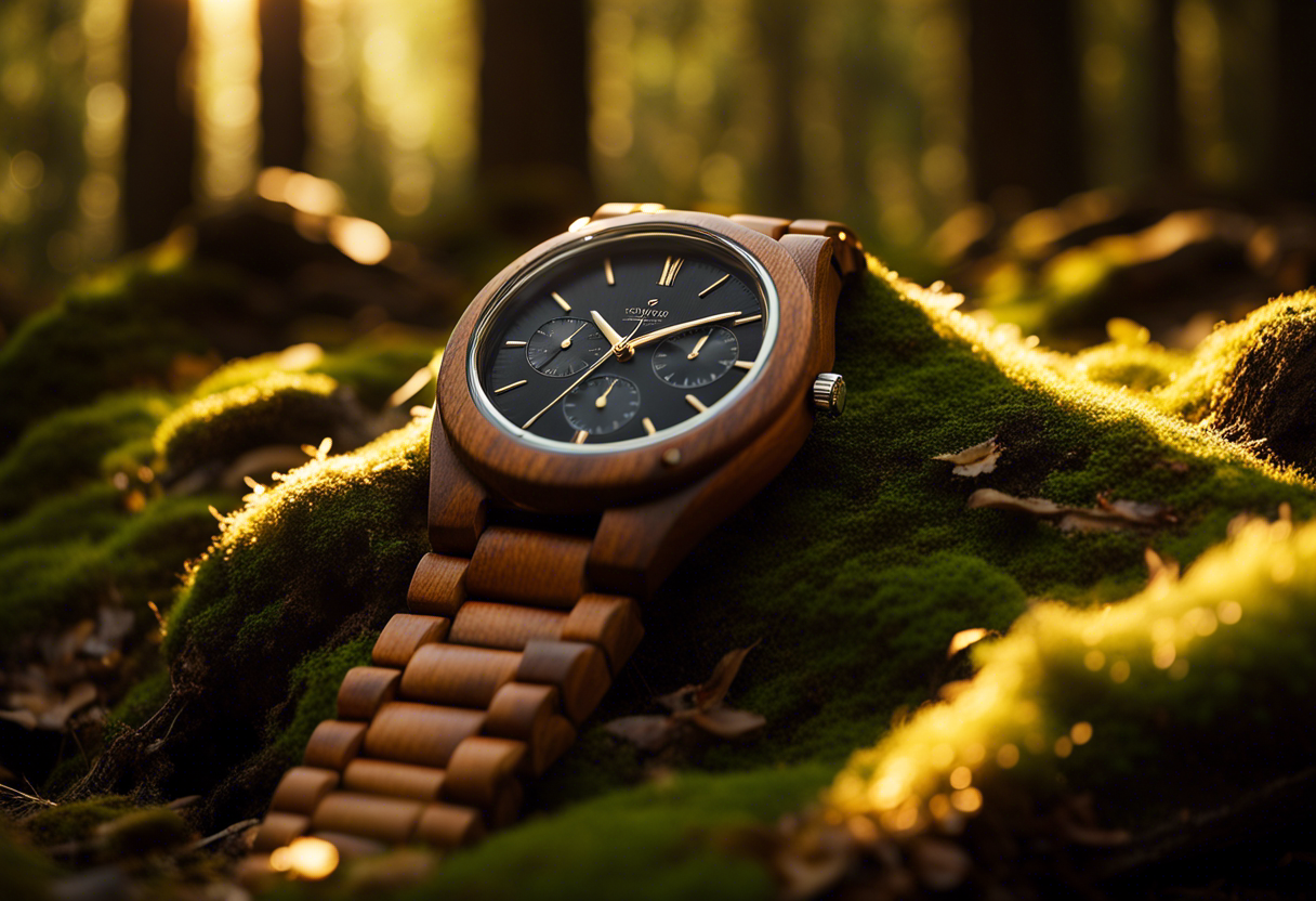 Montre en bois sur feuille verte Bracelet bois montre élégante sur table